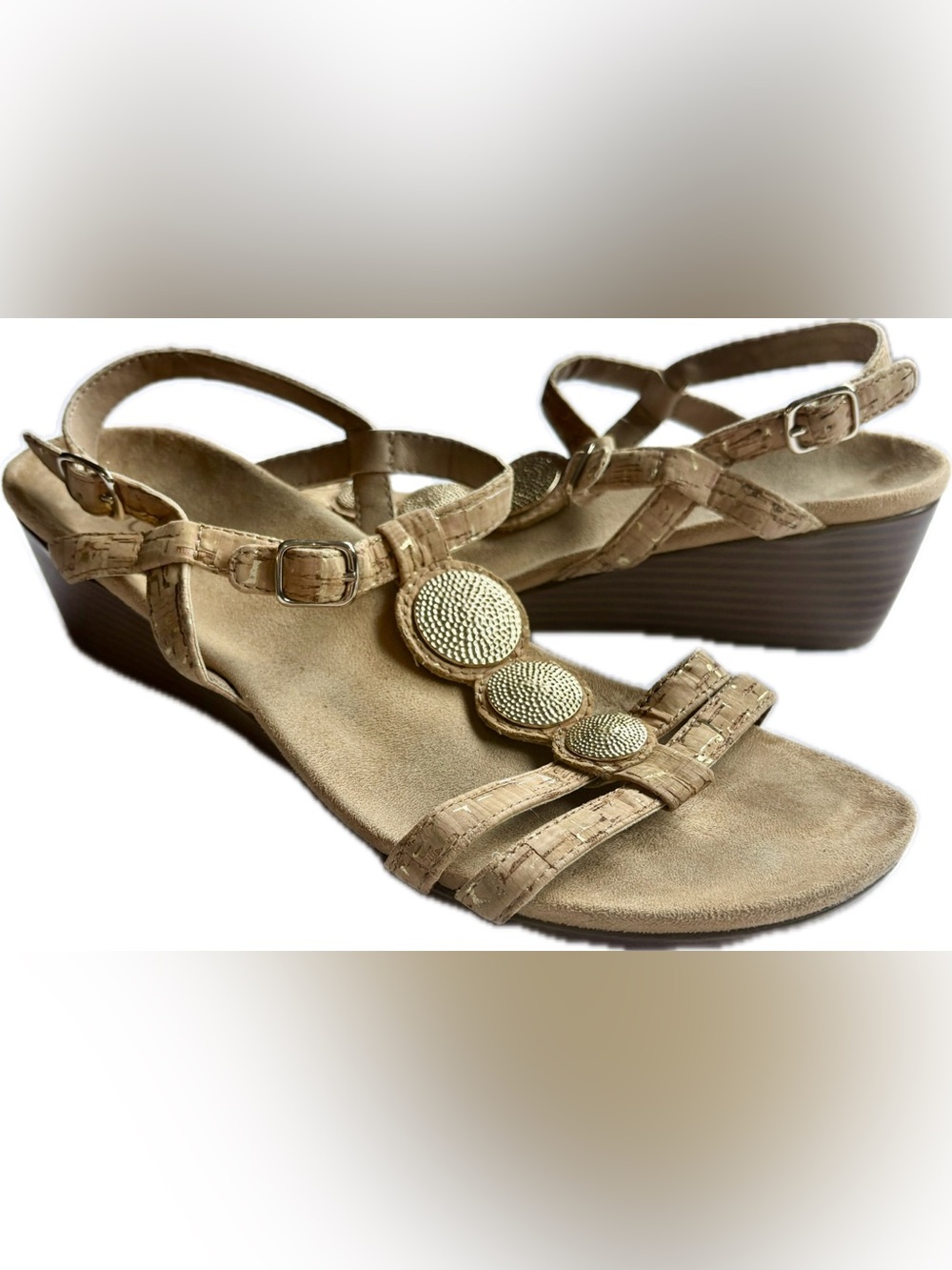 Vionic Cork Wedge T-Strap Sandals with Gold Medallions and embellishments